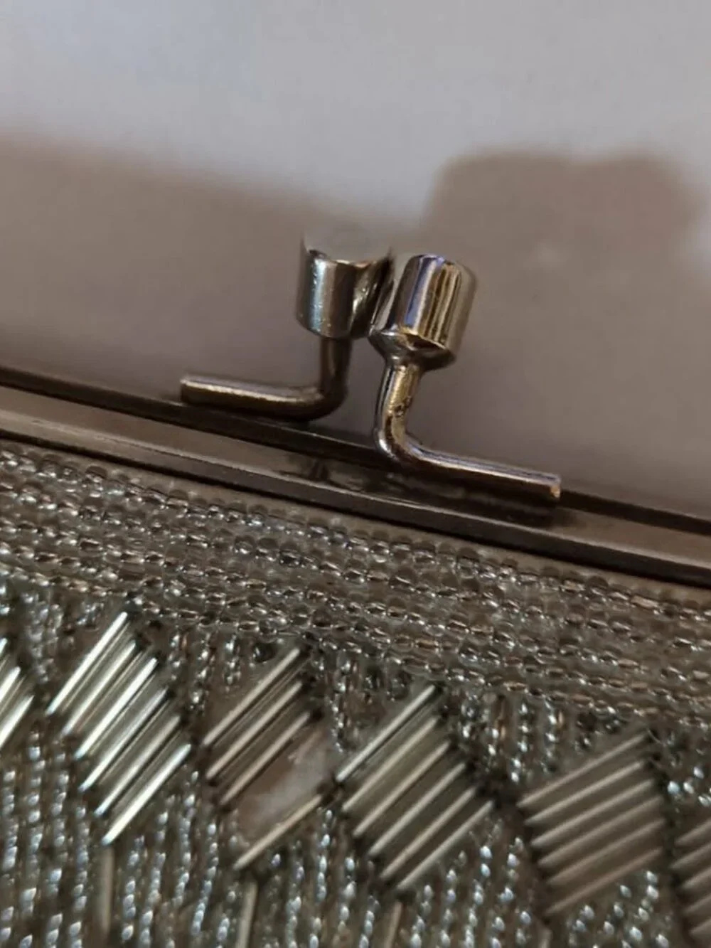 Vintage Mid Century Evening Handbag Kiss-Lock Collectible Silver Beaded Purse